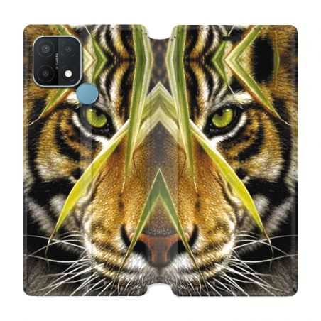 Housse Cuir Portefeuille Pour Oppo A15 Oeil Tigre