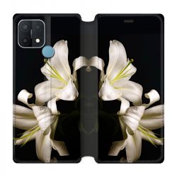 Housse Cuir Portefeuille Pour Oppo A15 Fleur Lys Noir