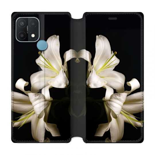 Housse Cuir Portefeuille Pour Oppo A15 Fleur Lys Noir