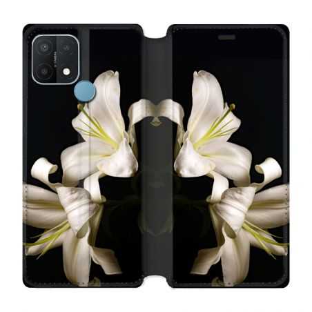 Housse Cuir Portefeuille Pour Oppo A15 Fleur Lys Noir