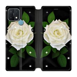 Housse Cuir Portefeuille Pour Oppo A15 Fleur Rose Blanche