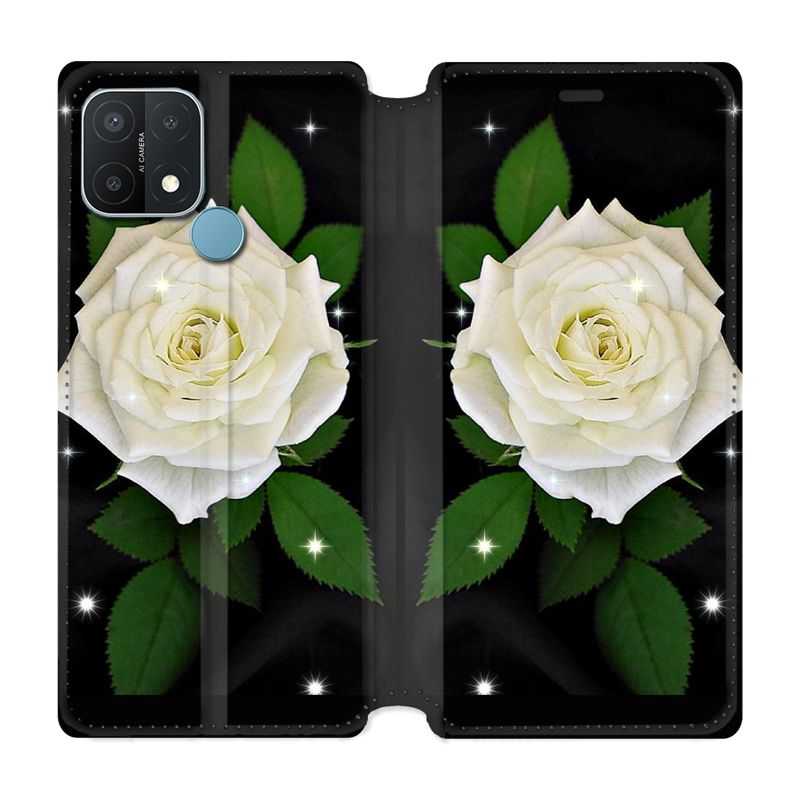 Housse Cuir Portefeuille Pour Oppo A15 Fleur Rose Blanche