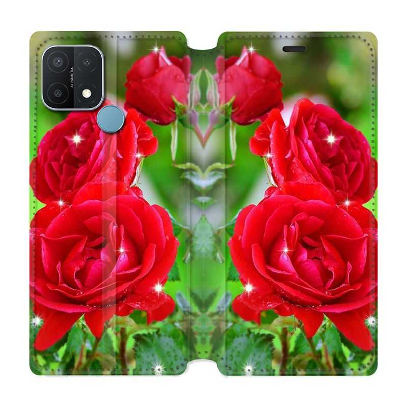 Housse Cuir Portefeuille Pour Oppo A15 Fleur Rose Rouge