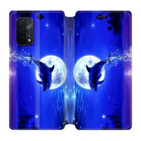 Housse cuir portefeuille Pour Oppo A54 5G / A74 5G Dauphin Lune