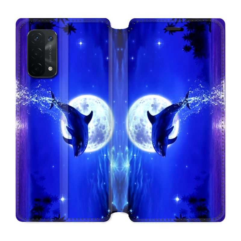 Housse cuir portefeuille Pour Oppo A54 5G / A74 5G Dauphin Lune