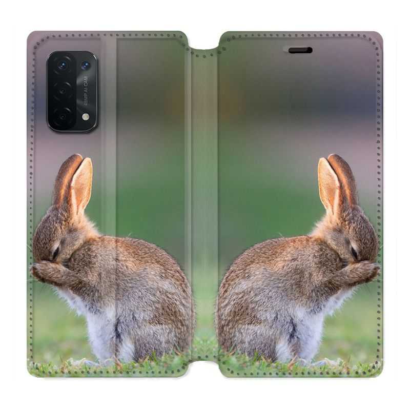 Housse cuir portefeuille Pour Oppo A54 5G / A74 5G Lapin Marron