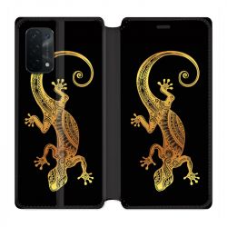 Housse cuir portefeuille Pour Oppo A54 5G / A74 5G Animaux Maori Lezard Noir