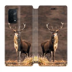 Housse cuir portefeuille Pour Oppo A54 5G / A74 5G Chasse Chevreuil Blanc