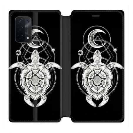 Housse cuir portefeuille Pour Oppo A54 5G / A74 5G Animaux Maori Tortue Noir