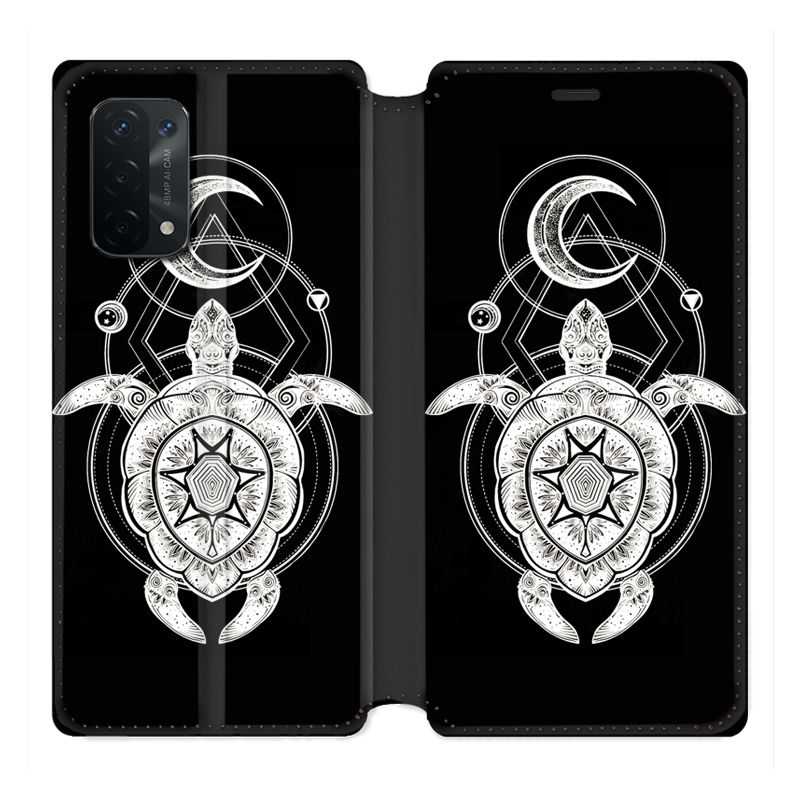 Housse cuir portefeuille Pour Oppo A54 5G / A74 5G Animaux Maori Tortue Noir