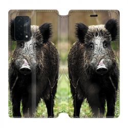 Housse cuir portefeuille Pour Oppo A54 5G / A74 5G Chasse Sanglier bois
