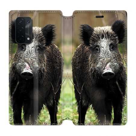 Housse cuir portefeuille Pour Oppo A54 5G / A74 5G Chasse Sanglier bois