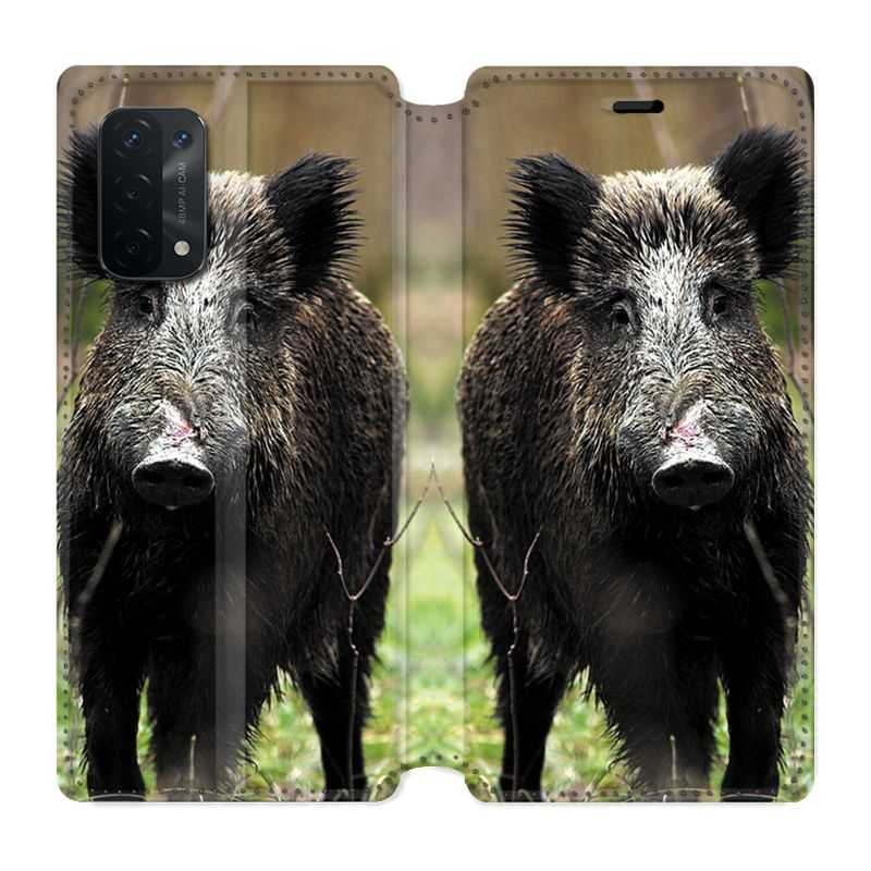 Housse cuir portefeuille Pour Oppo A54 5G / A74 5G Chasse Sanglier bois