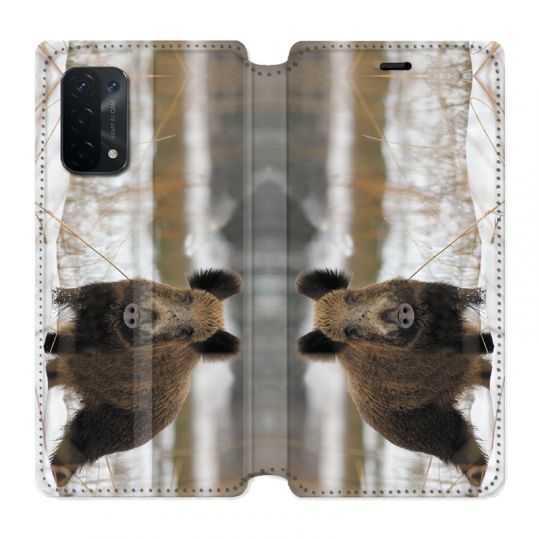 Housse cuir portefeuille Pour Oppo A54 5G / A74 5G Chasse Sanglier Neige
