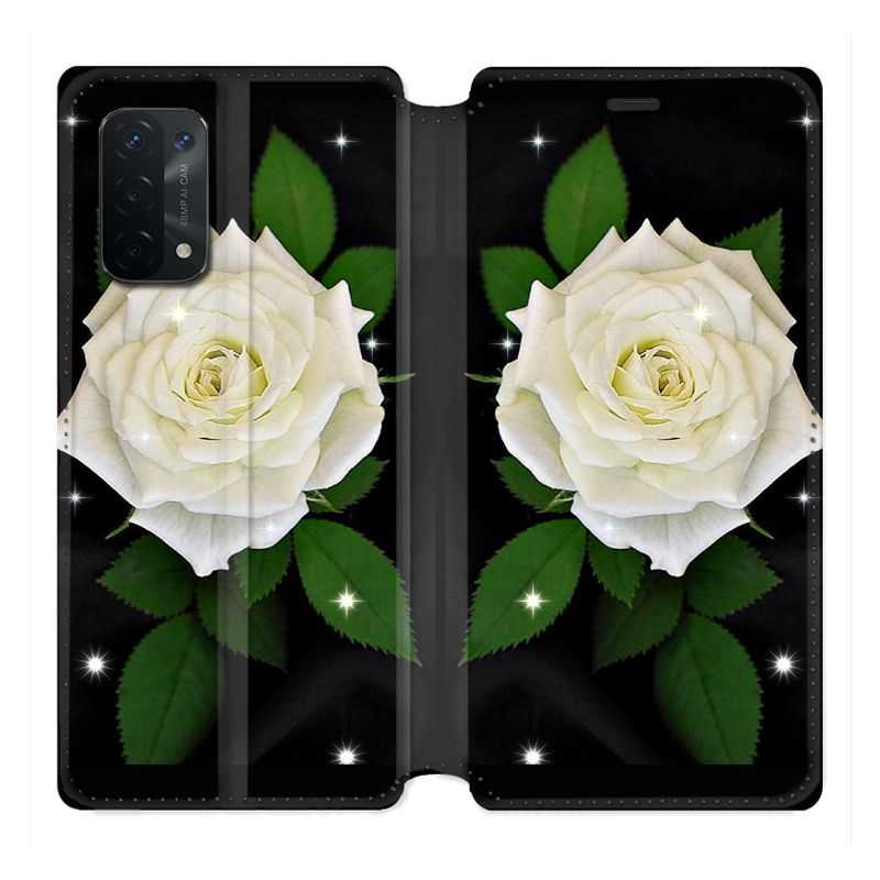 Housse cuir portefeuille Pour Oppo A54 5G / A74 5G Fleur Rose Blanche