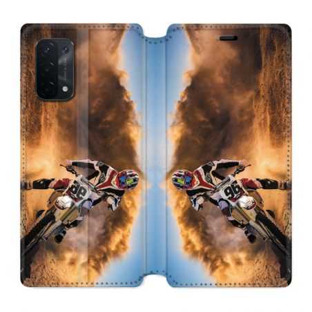 Housse cuir portefeuille Pour Oppo A54 5G / A74 5G Moto Cross Blanc