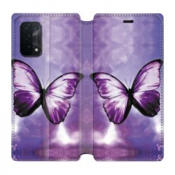 Housse cuir portefeuille Pour Oppo A54 5G / A74 5G Papillon Violet et Blanc
