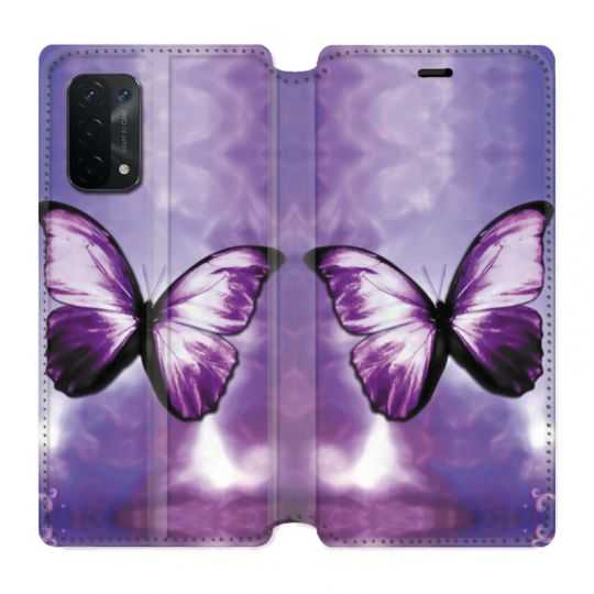 Housse cuir portefeuille Pour Oppo A54 5G / A74 5G Papillon Violet et Blanc