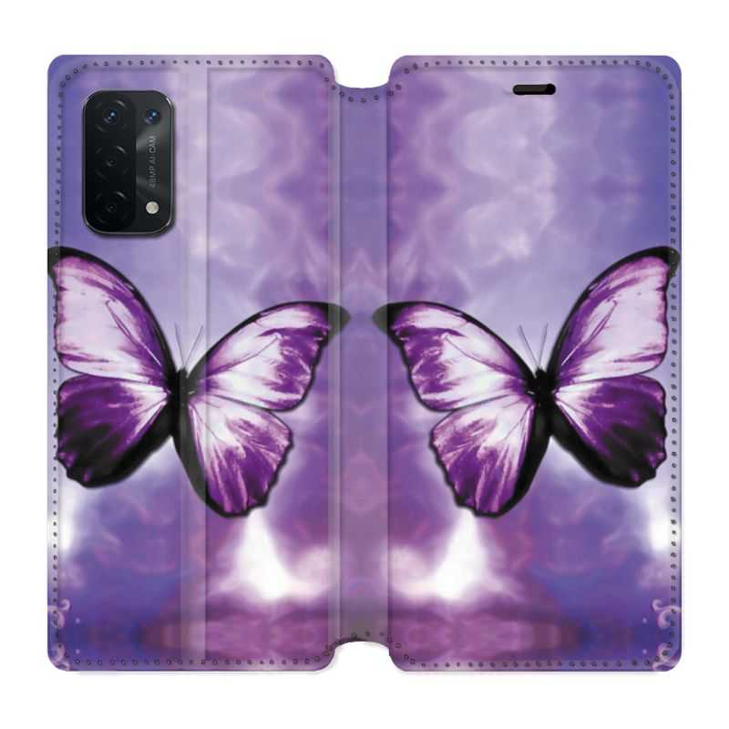 Housse cuir portefeuille Pour Oppo A54 5G / A74 5G Papillon Violet et Blanc