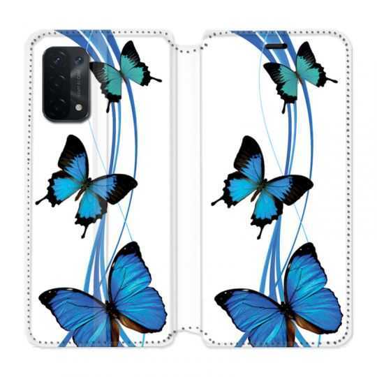 Housse cuir portefeuille Pour Oppo A54 5G / A74 5G Papillon bleu sur Blanc