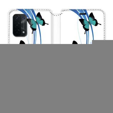 Housse cuir portefeuille Pour Oppo A54 5G / A74 5G Papillon bleu sur Blanc