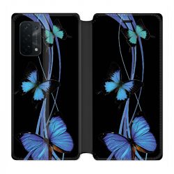 Housse cuir portefeuille Pour Oppo A54 5G / A74 5G Papillon bleu sur Noir