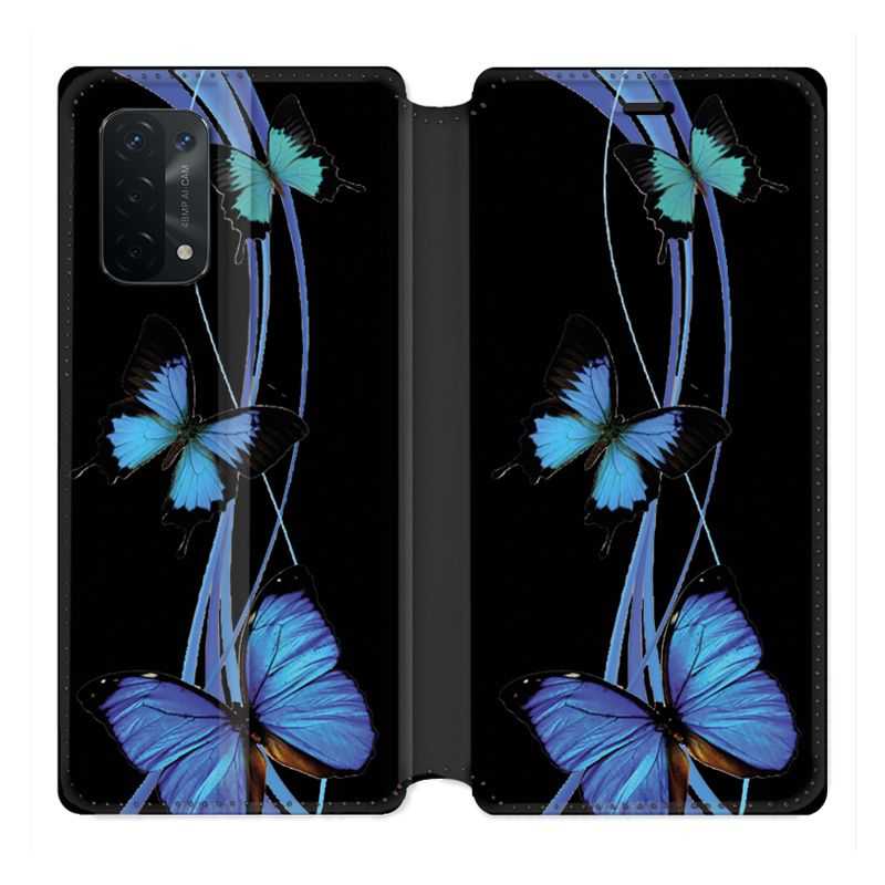 Housse cuir portefeuille Pour Oppo A54 5G / A74 5G Papillon bleu sur Noir