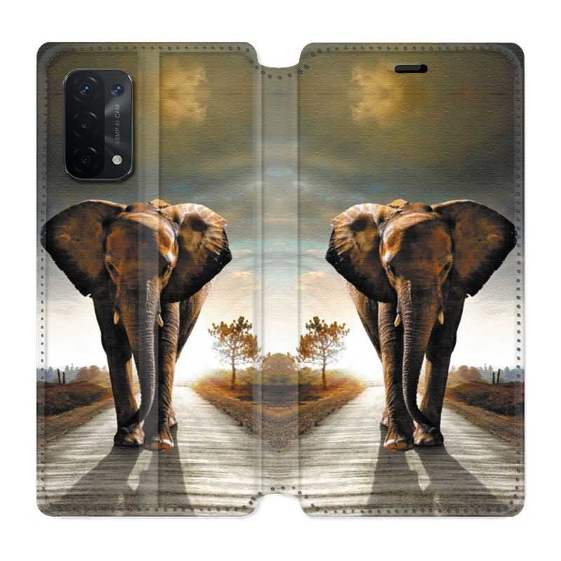 Housse cuir portefeuille Pour Oppo A54 5G / A74 5G Savane Elephant Route