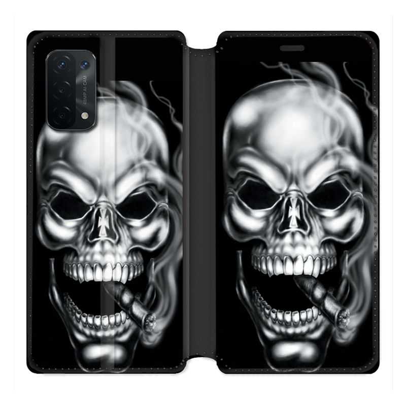 Housse cuir portefeuille Pour Oppo A54 5G / A74 5G Tete de Mort Fume