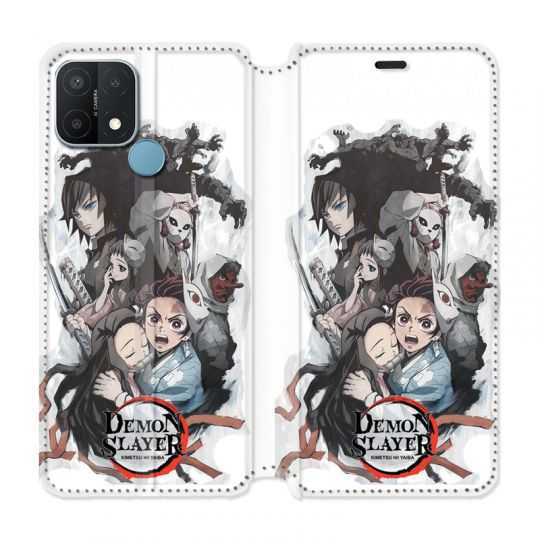 Housse Cuir Portefeuille Pour Oppo A15 Manga Demon Slayer Blanc