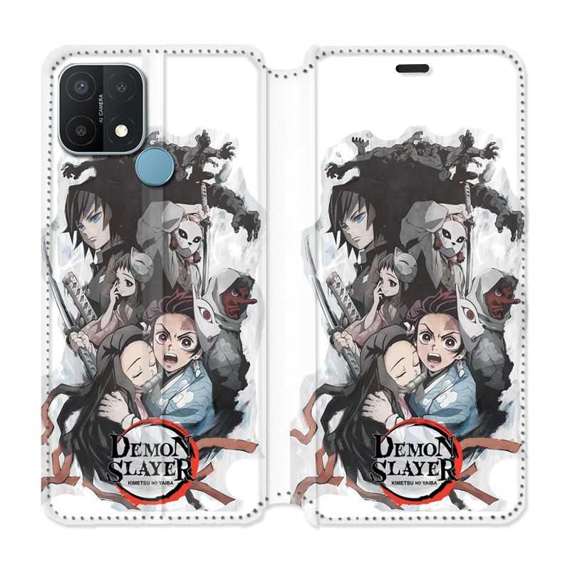 Housse Cuir Portefeuille Pour Oppo A15 Manga Demon Slayer Blanc