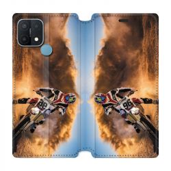 Housse Cuir Portefeuille Pour Oppo A15 Moto Cross Blanc