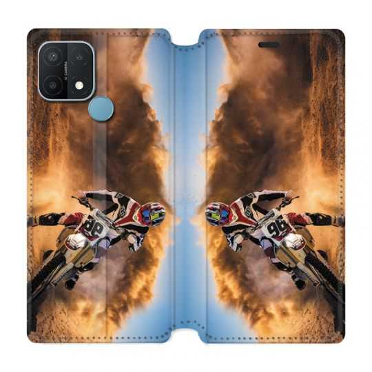 Housse Cuir Portefeuille Pour Oppo A15 Moto Cross Blanc