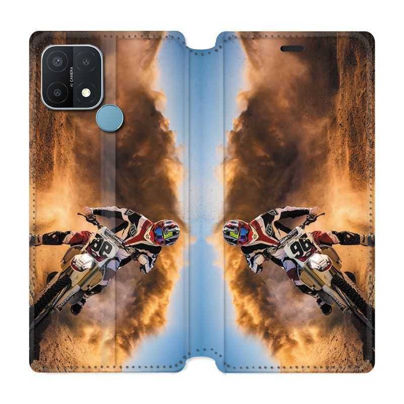 Housse Cuir Portefeuille Pour Oppo A15 Moto Cross Blanc