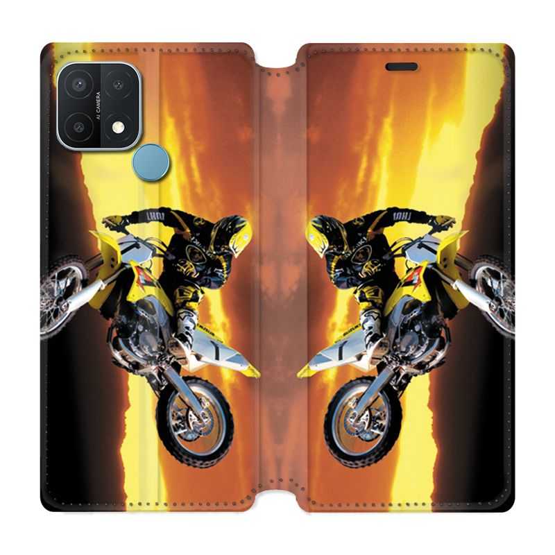 Housse Cuir Portefeuille Pour Oppo A15 Moto Cross Noir