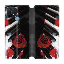 Housse Cuir Portefeuille Pour Oppo A15 Musique Rose Piano