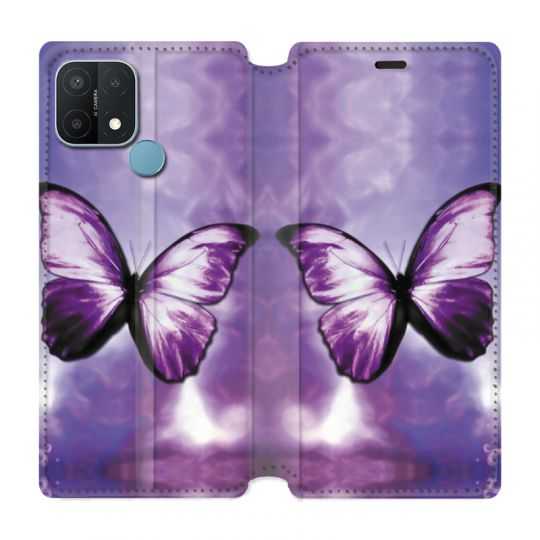 Housse Cuir Portefeuille Pour Oppo A15 Papillon Violet et Blanc