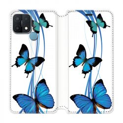 Housse Cuir Portefeuille Pour Oppo A15 Papillon bleu sur Blanc