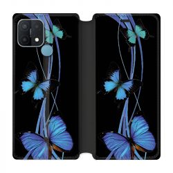 Housse Cuir Portefeuille Pour Oppo A15 Papillon bleu sur Noir