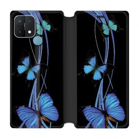 Housse Cuir Portefeuille Pour Oppo A15 Papillon bleu sur Noir