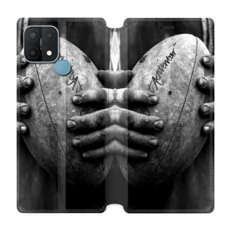 Housse Cuir Portefeuille Pour Oppo A15 Rugby Ballon Vintage