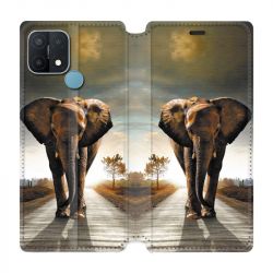 Housse Cuir Portefeuille Pour Oppo A15 Savane Elephant Route