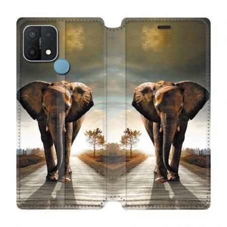 Housse Cuir Portefeuille Pour Oppo A15 Savane Elephant Route