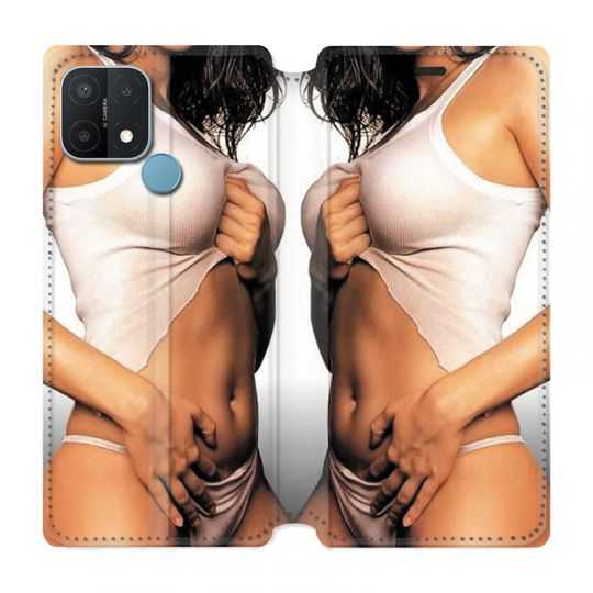 Housse Cuir Portefeuille Pour Oppo A15 Sexy Tee Shirt Blanc