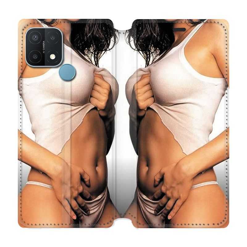Housse Cuir Portefeuille Pour Oppo A15 Sexy Tee Shirt Blanc