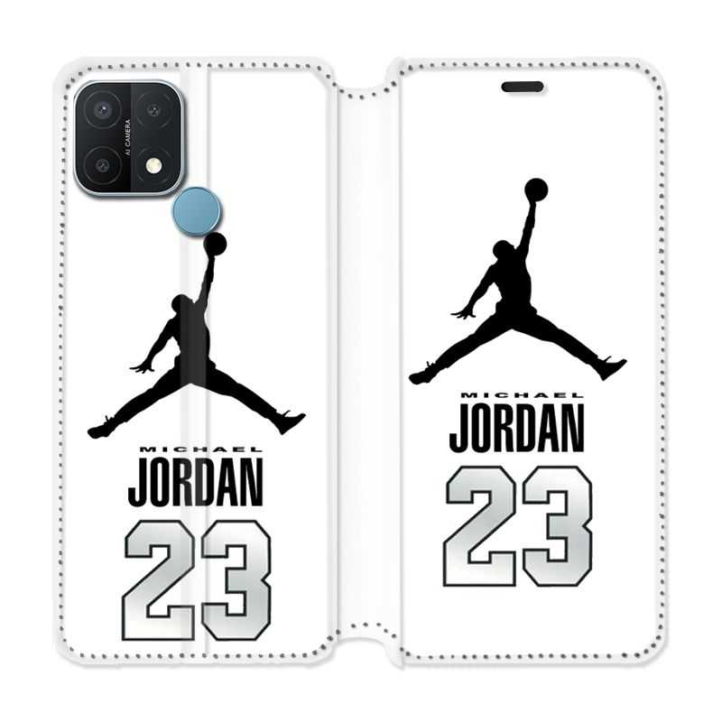 Housse Cuir Portefeuille Pour Oppo A15 Jordan 23 Blanc