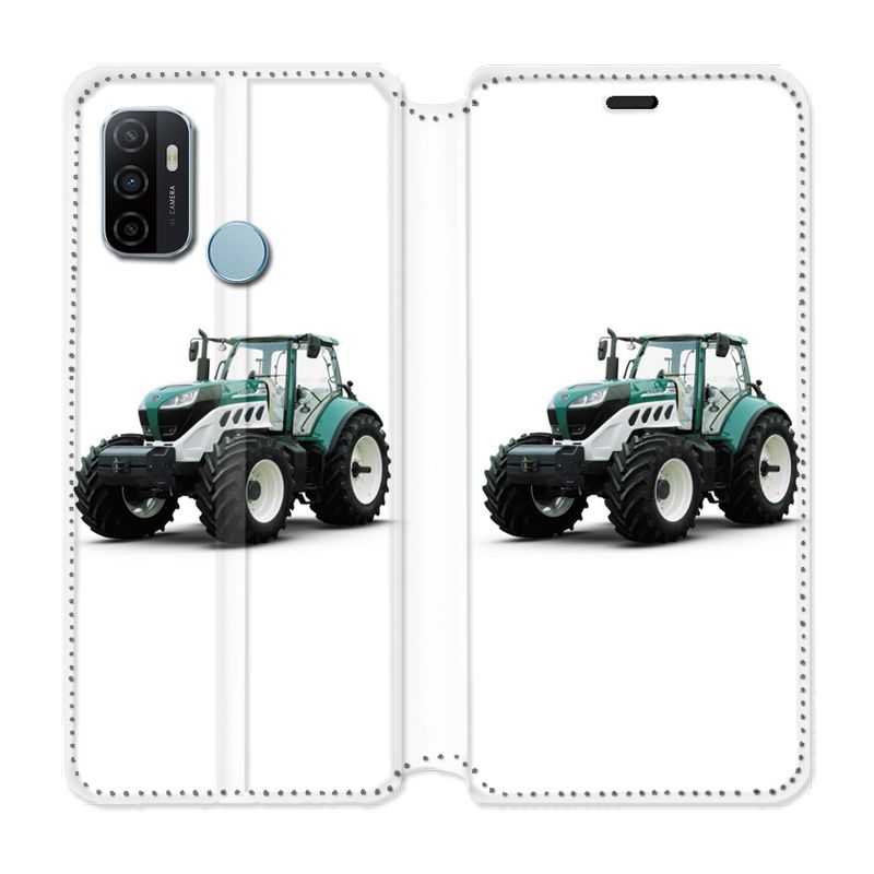 Housse Cuir Portefeuille Pour Oppo A53 / A53S Agriculture Tracteur Blanc