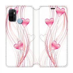 Housse Cuir Portefeuille Pour Oppo A53 / A53S Coeur Rose Montant sur Blanc