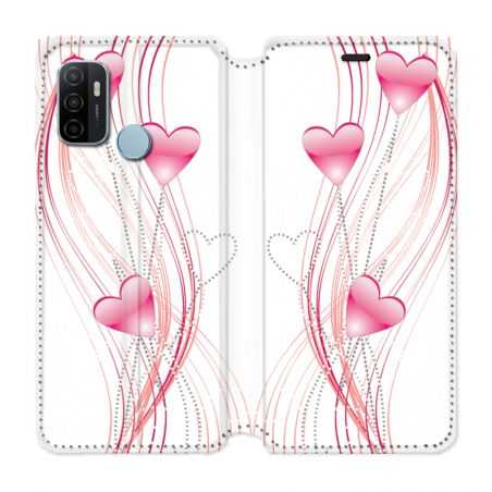 Housse Cuir Portefeuille Pour Oppo A53 / A53S Coeur Rose Montant sur Blanc