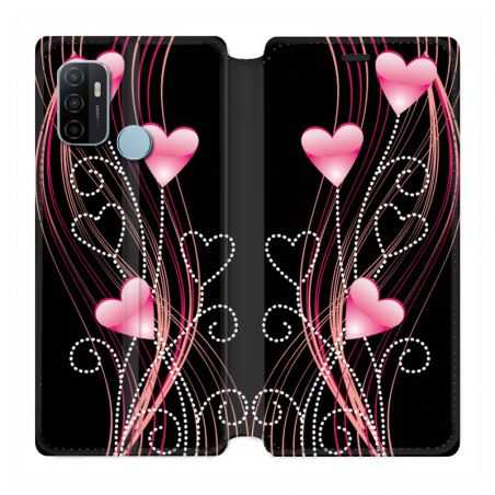 Housse Cuir Portefeuille Pour Oppo A53 / A53S Coeur Rose Montant sur Noir